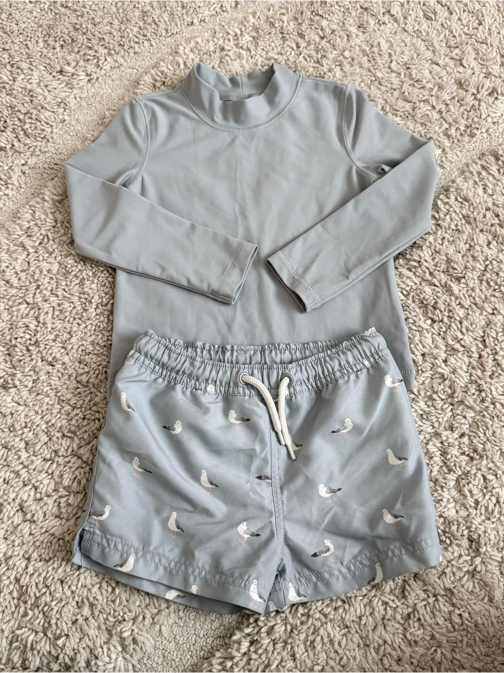 Kids Light Gray Rash Guard Set with Seagull Swim Shorts